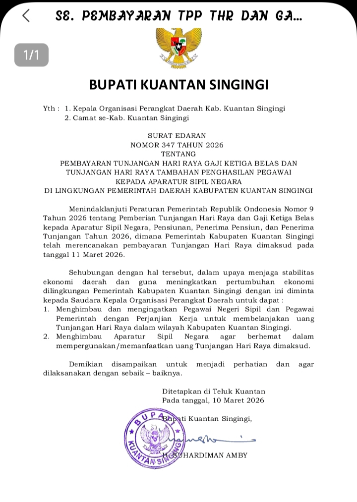 TPP dan THR ASN Kuansing Capai Rp90 Miliar, Bupati Harap Dongkrak Ekonomi Masyarakat