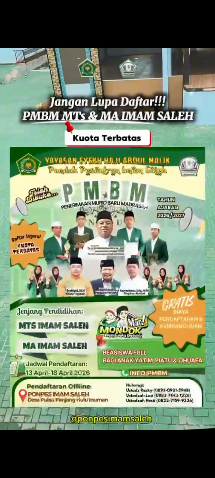 PMBM Ponpes Imam Saleh Resmi Dibuka, Kuota Terbatas Gratis & Beasiswa Full Jadi Daya Tarik Utama