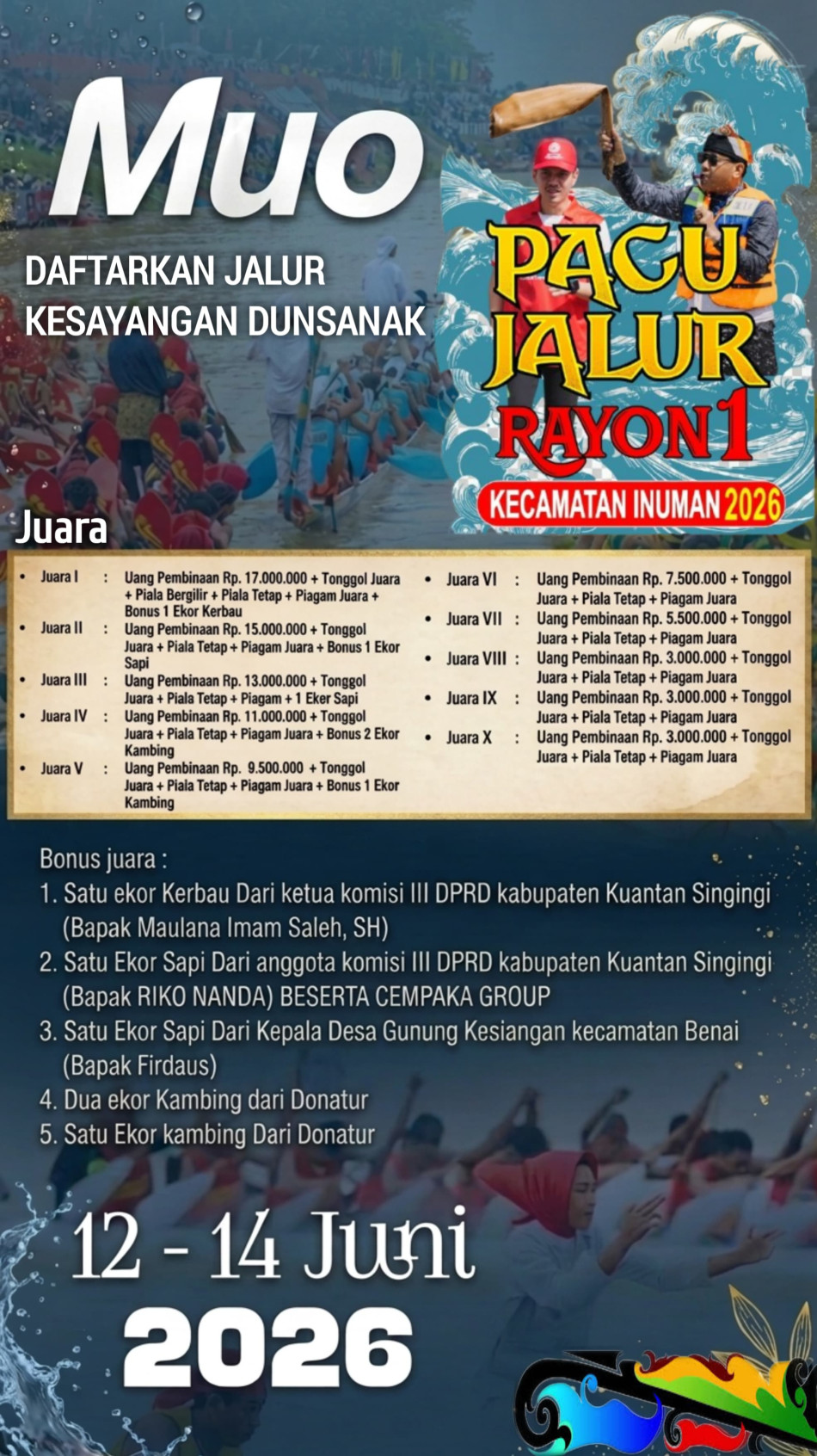 Bupati Suhardiman Ajak Masyarakat dan Perantau Ramaikan Pacu Jalur Rayon I Inuman 2026